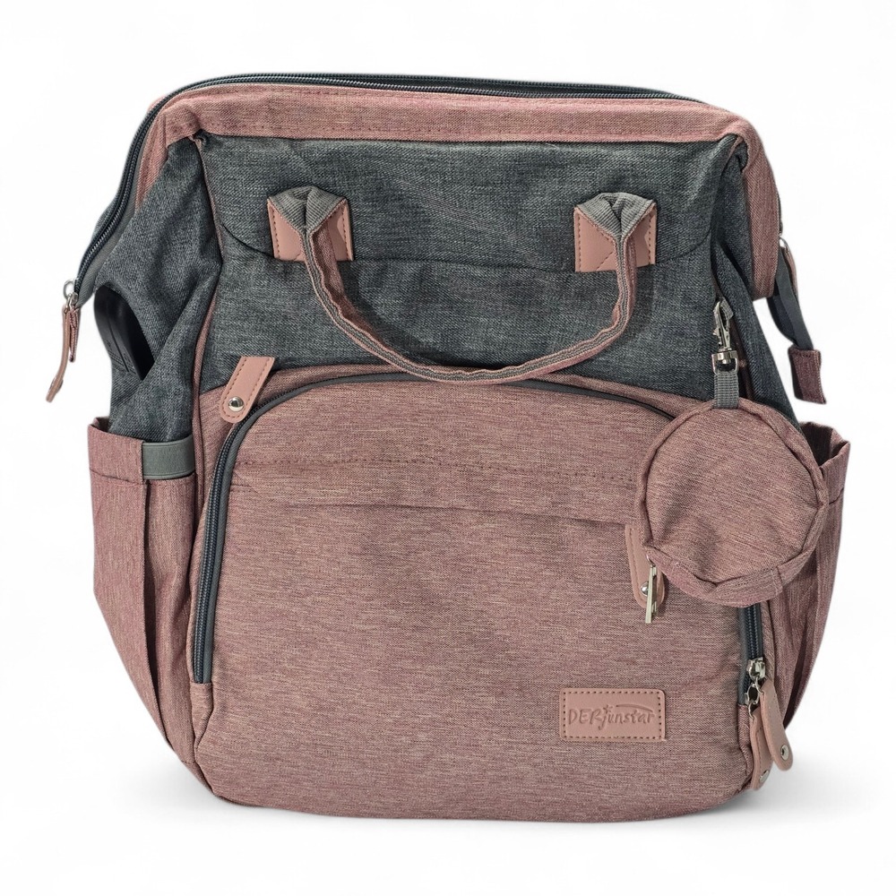 DERfunstar Diaper Bag Backpack with Portable Changing Station Pink Grey Travel